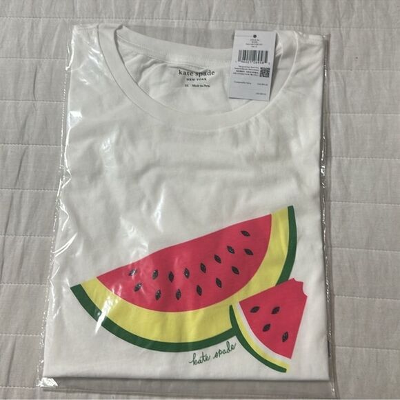 kate spade XS & XL White Watermelon Slice Print Short Sleeve Crew Tee - Picture 8 of 9